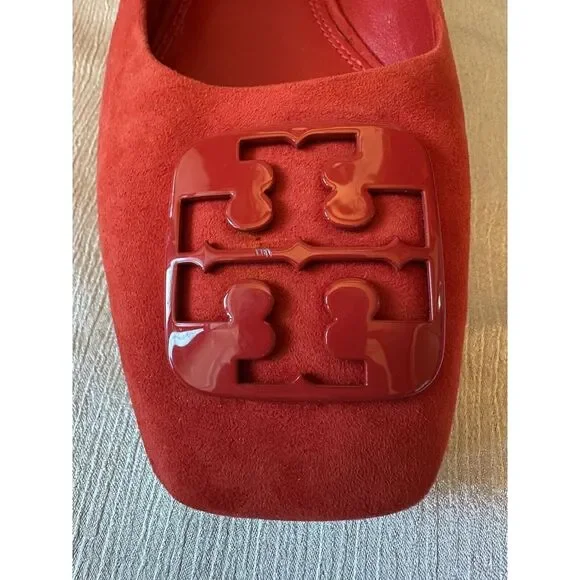 NEW ish Tory Burch Georgia Square Toe Silk Suede Triple Red Ballet Flat Sz 9 Box - Picture 13 of 16